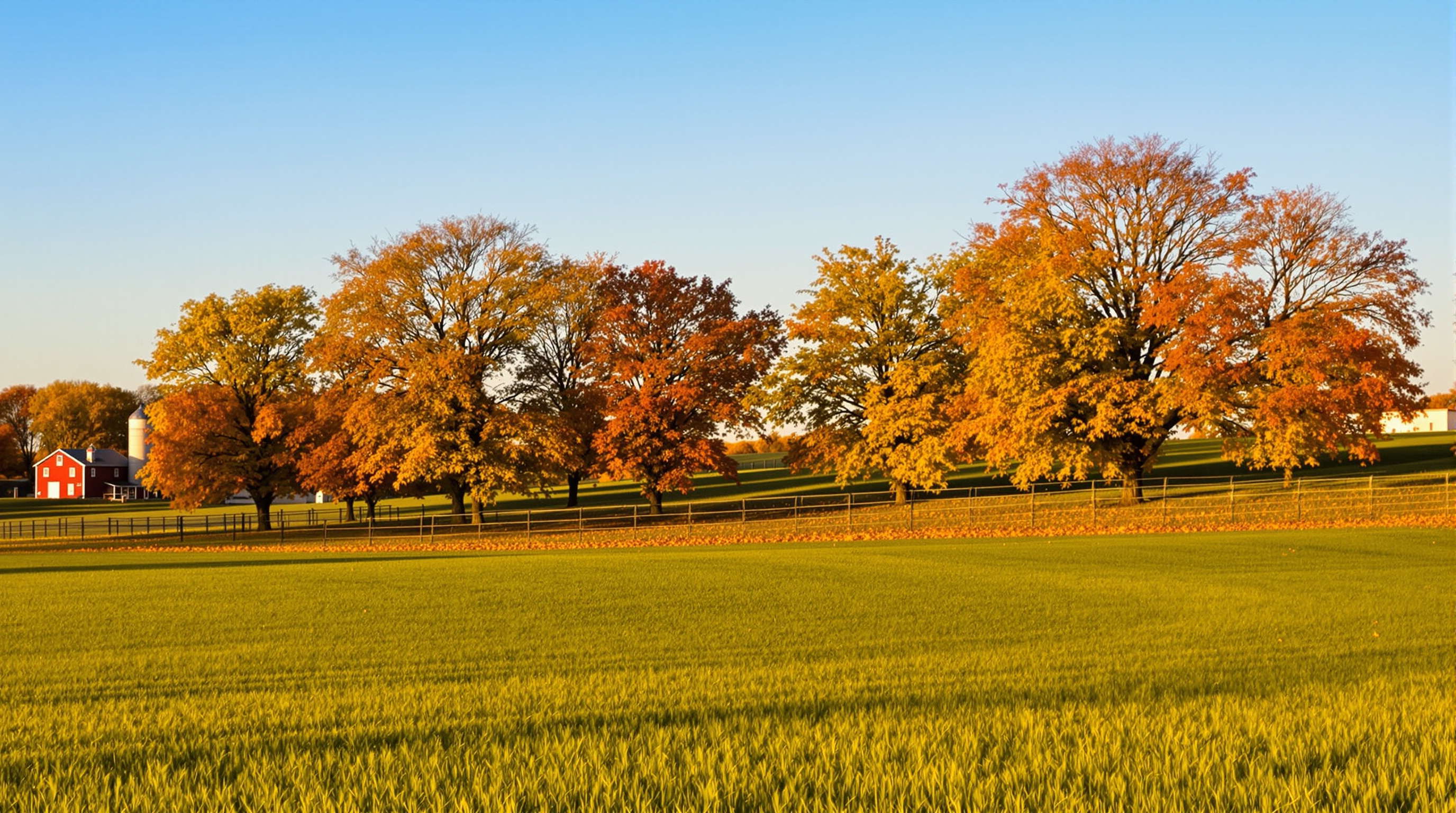 Farm fields and a red barn outside Rice Minnesota in early autumn