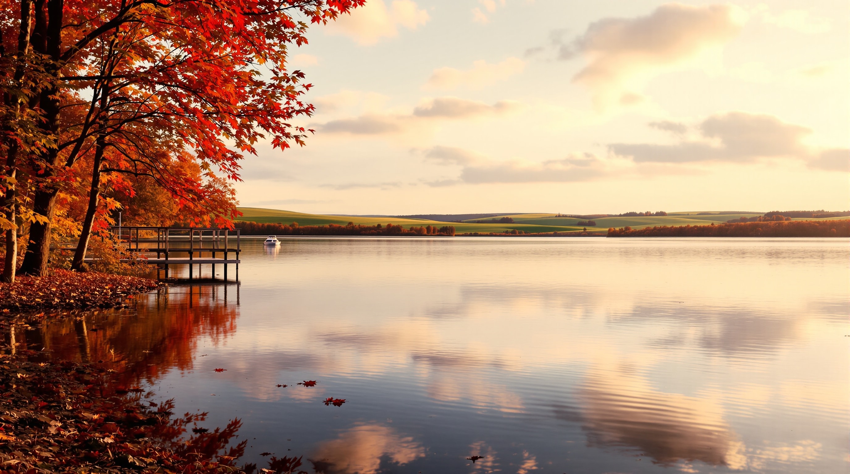 Calm lake near Rice Minnesota at sunset with autumn trees along the shore